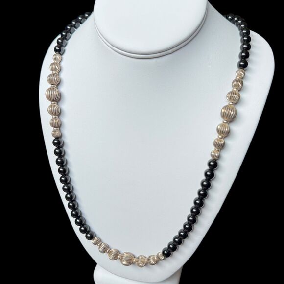 Vintage Sterling Silver Native Pearl Black Onyx Beaded Necklace 34in Chain 925 - Picture 7 of 16